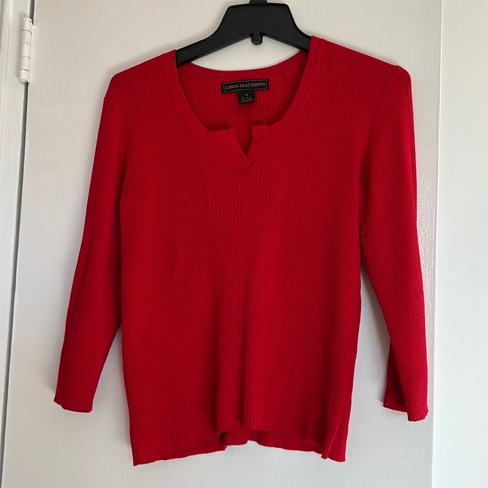 Bright red rayon mix top split neck three quarter sleeve